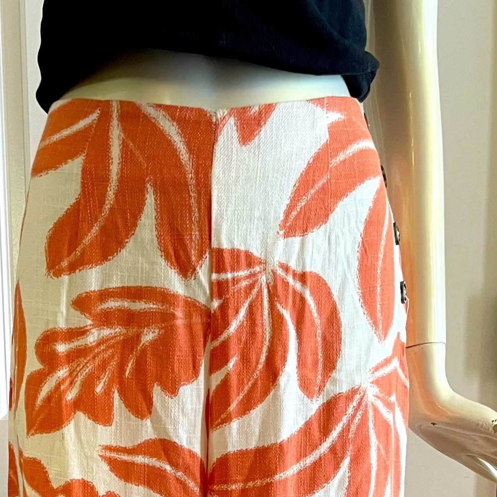 Orange and White Leaf Print Women's Linen Blend Pants - Picture 6 of 9